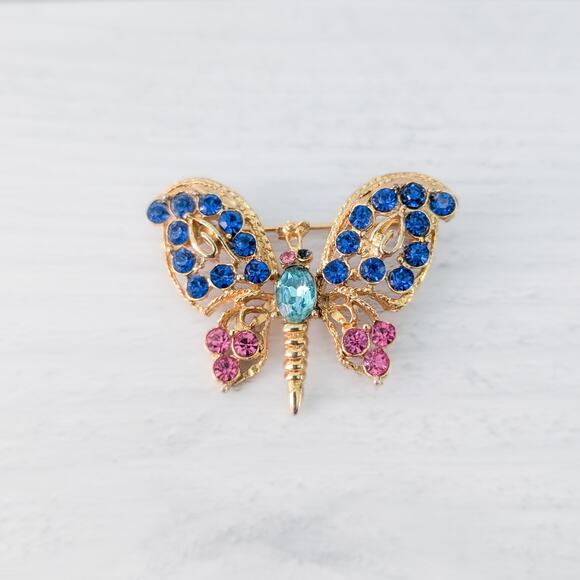 Vintage Brooch / Vintage Pin Butterfly with Pink & Blue Gems - One Missing - Picture 1 of 10